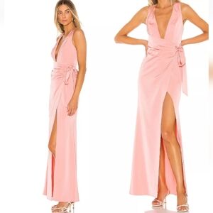 Lovers & Friends CHICHIRA GOWN Pink satin faux wrap plunge neck maxi gown